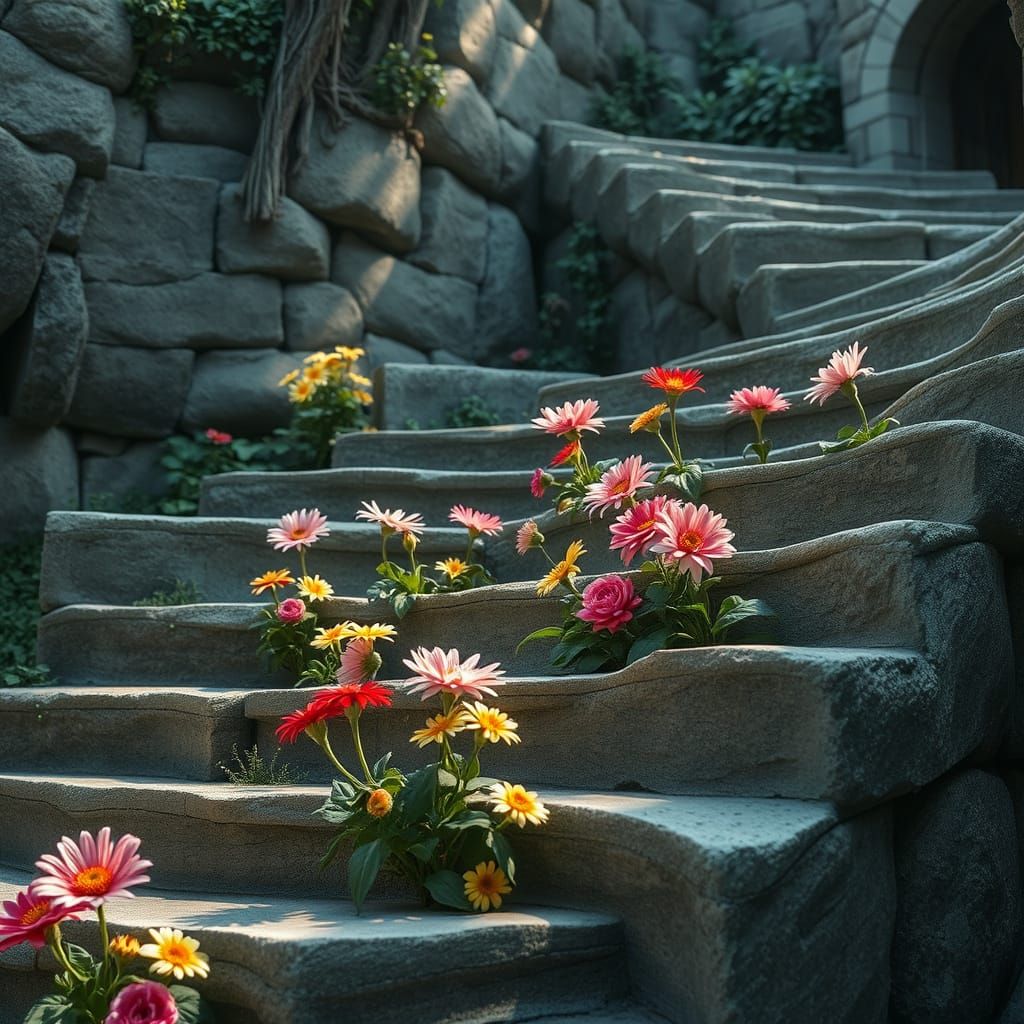 Flowers Bloom on Ancient Steps in Mystical Style