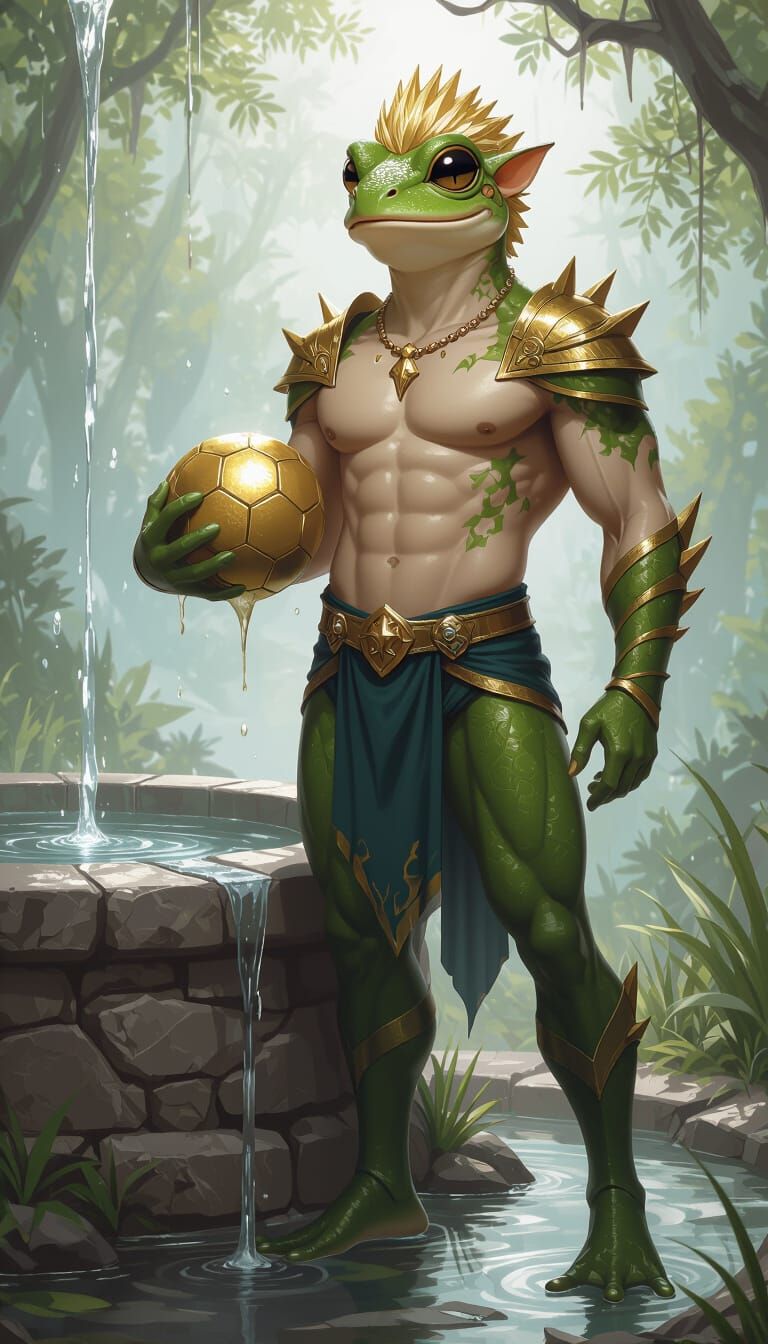 Attractive Frog-Human Hybrid Holding Golden Soccer Ball