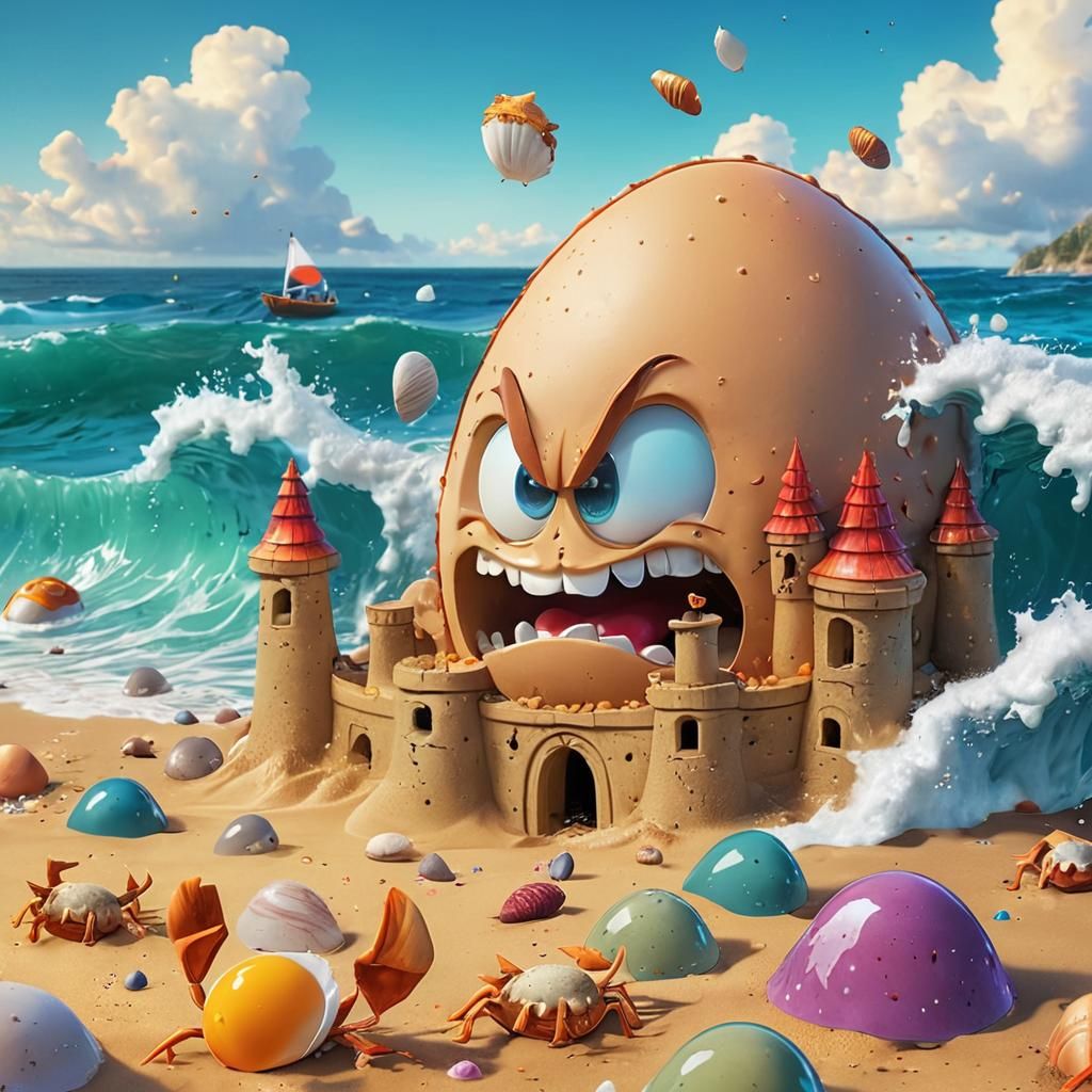 Angry Egg's Sandcastle Destroyed: Pixar Art Style