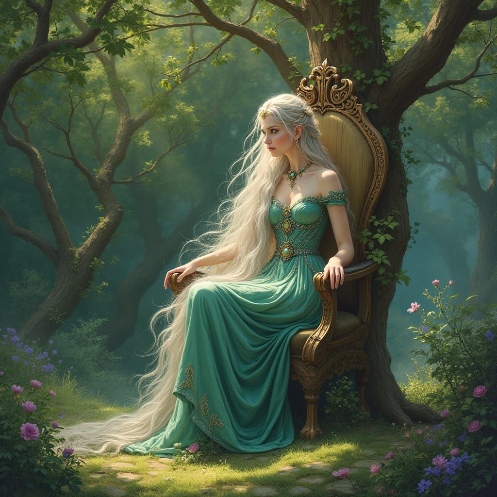 Elven Queen on Oak Throne in Art Nouveau Style