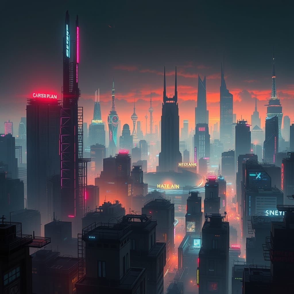 Dystopian Cyberpunk Cityscape in Neon Noir Style