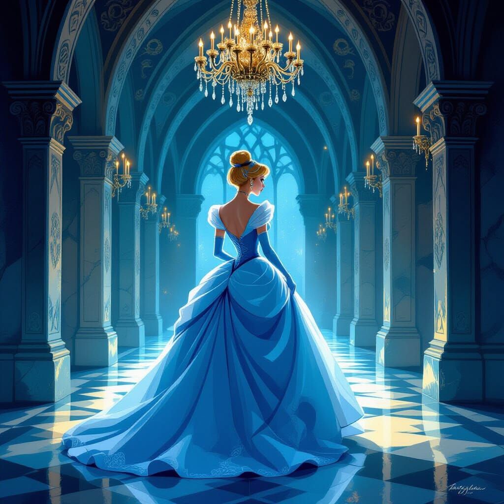 Cinderella in Castle Hallway, Dreamy Digital Art