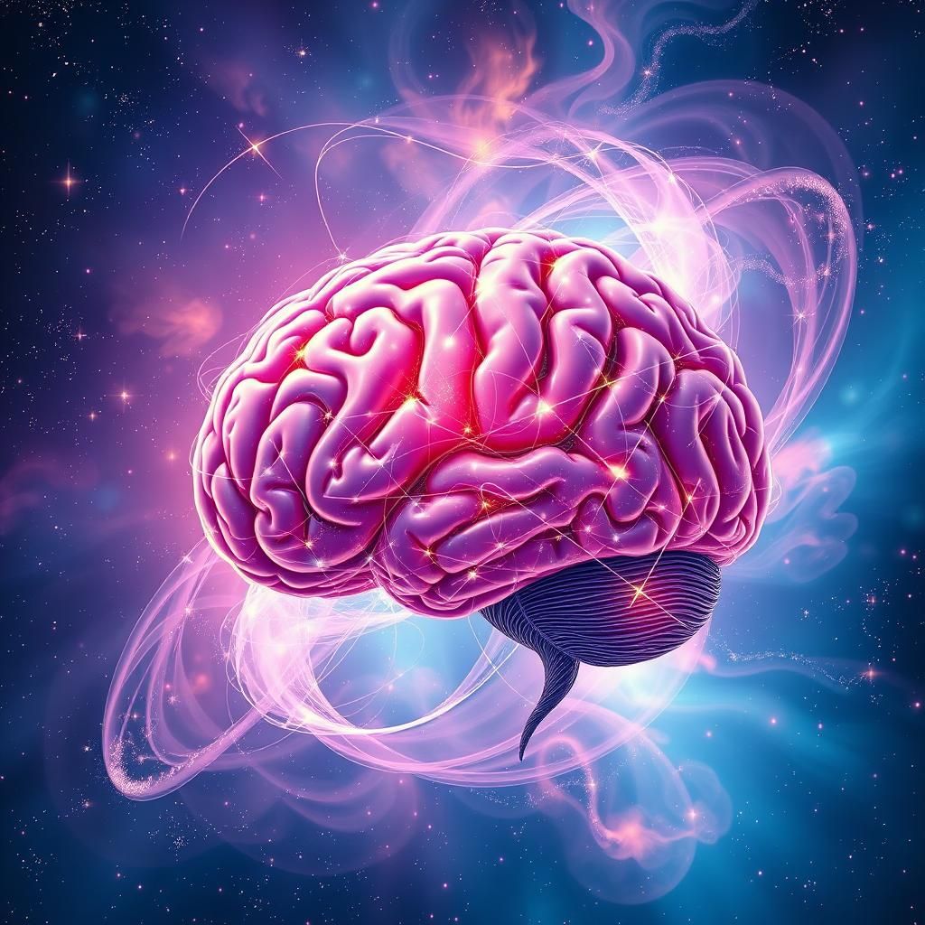 Ethereal Brain Floating in Iridescent Space Nebula