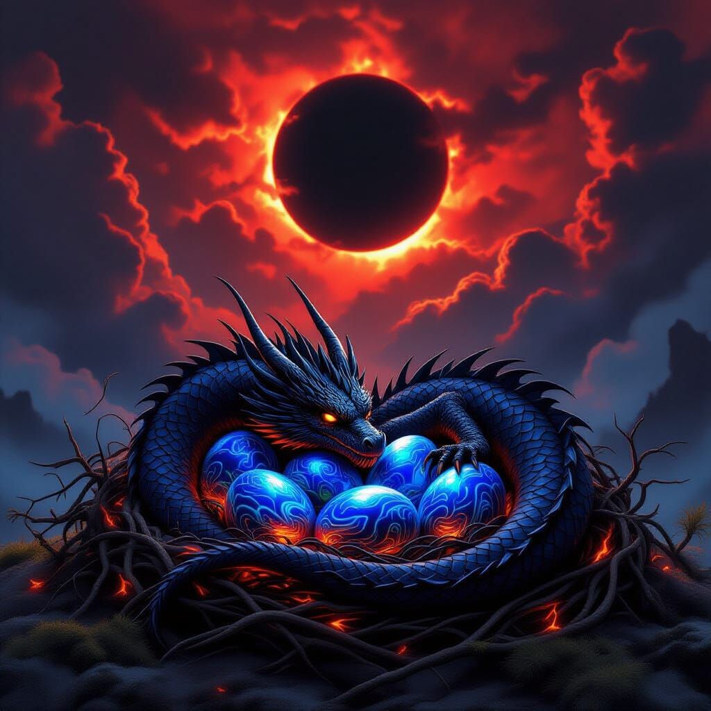 Dragon Guardian of Iridescent Eggs in Fiery Nest