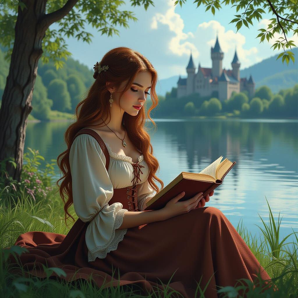 Auburn-Haired Woman Reading by Lake
