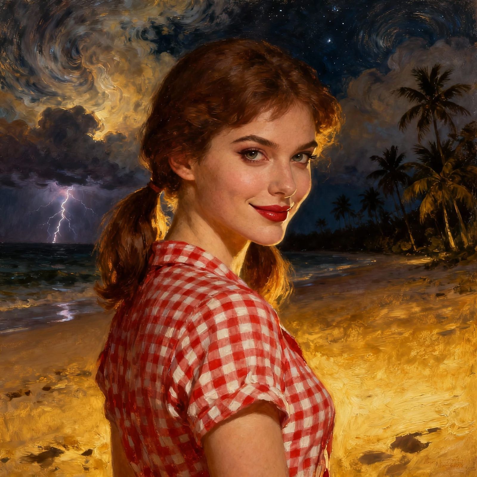 Romantic Oil Painting of Woman on Tropical Beach