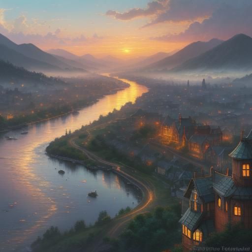 Ethereal Sunset River Flows Through City