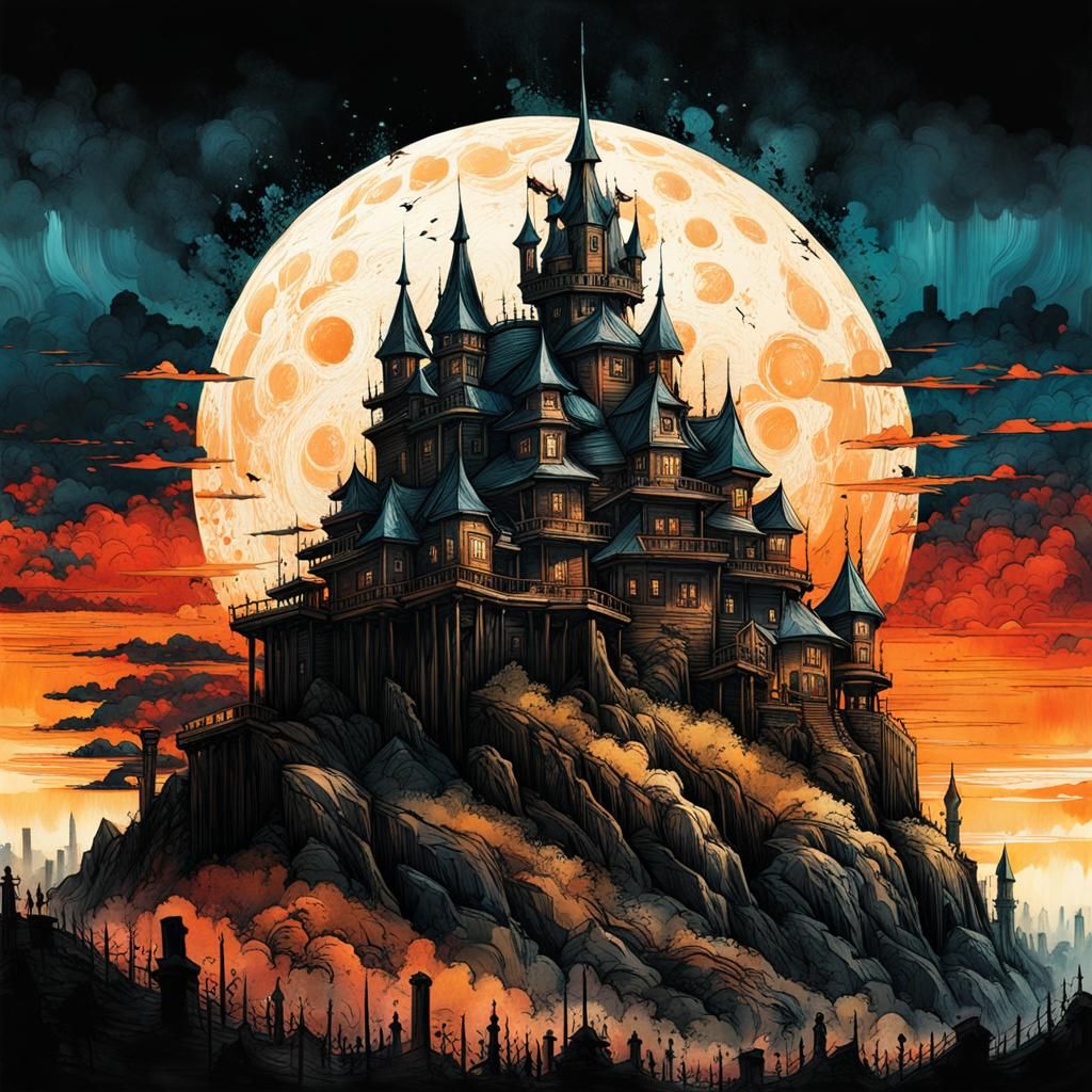 Surreal Castle on Hill in Neo-Victorian Style