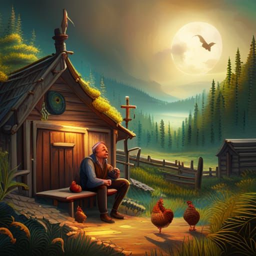 Man on Chicken Leg Cabin in Forest