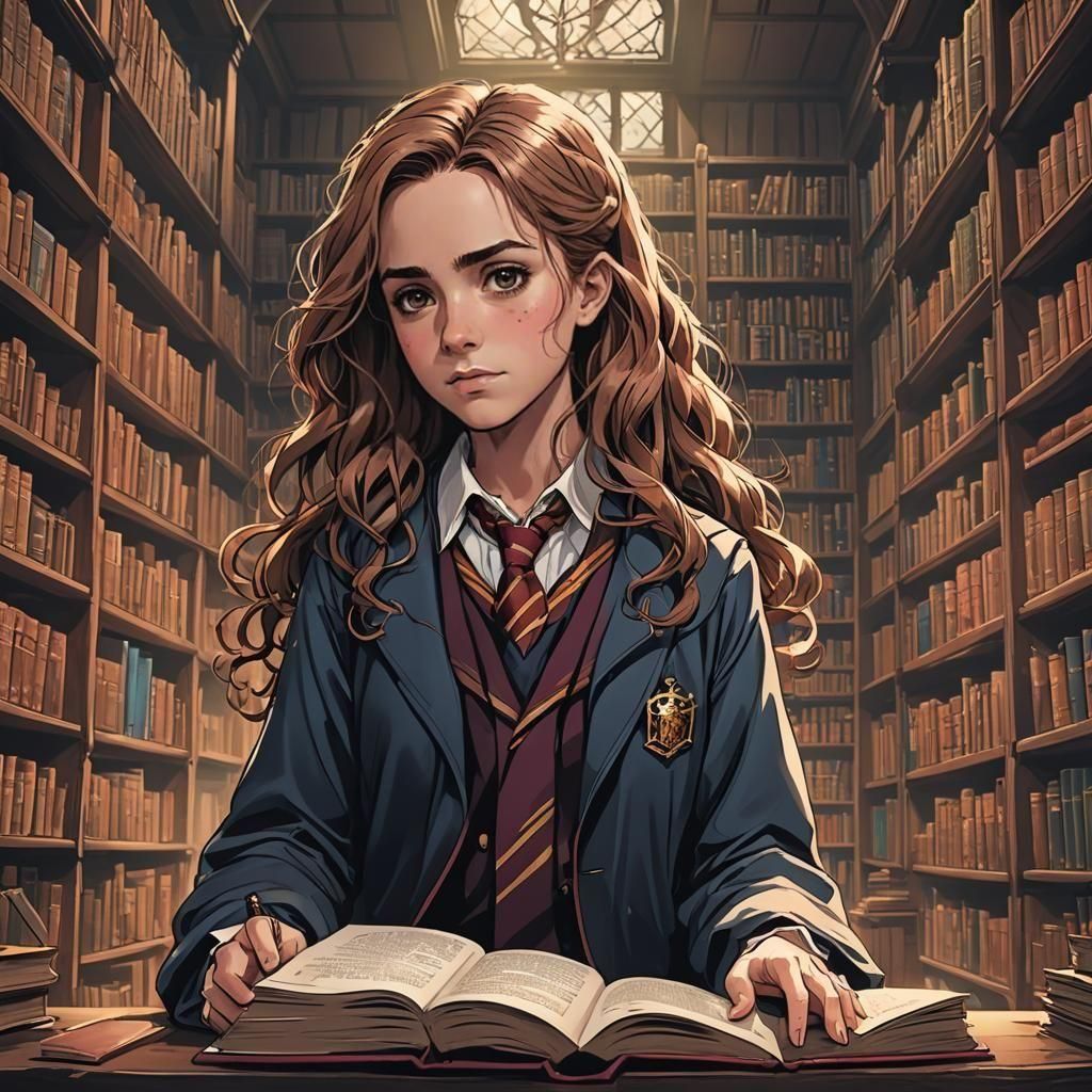 Hermione Granger in Library: Cel-Shaded Anime Art