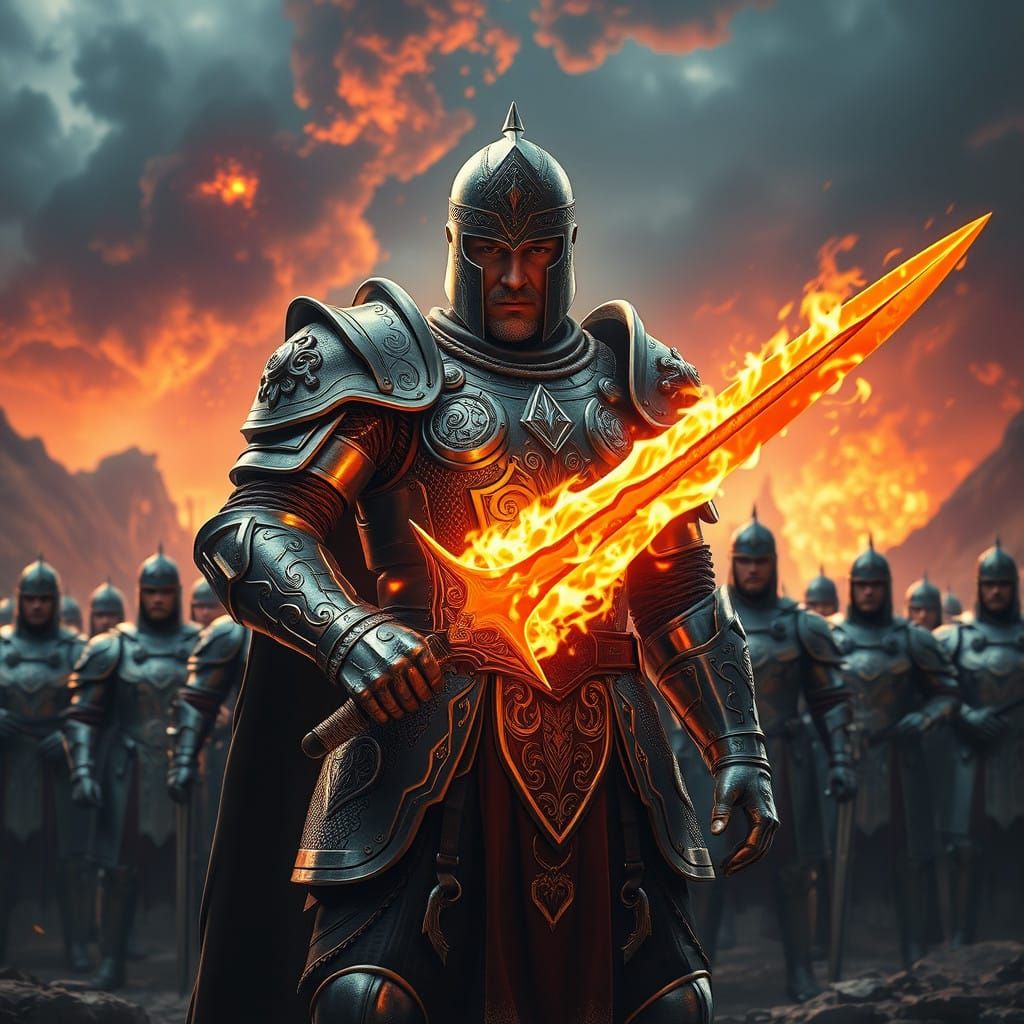 Heroic Super Warrior in Silver and Gold Armor with Fiery Swo...