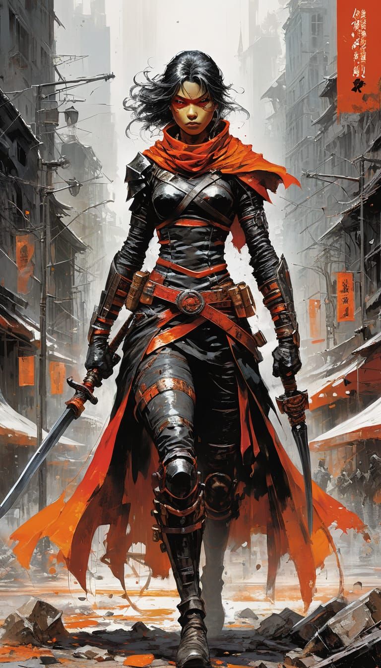 Red, Black, Orange Warrior Woman in Bold Comic Style