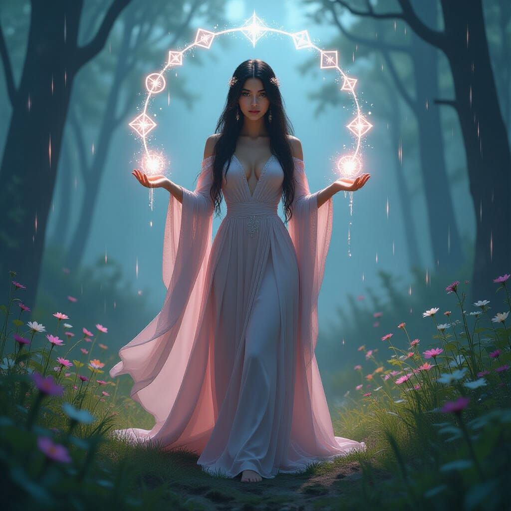 Mysterious Woman in Misty Forest Clearing