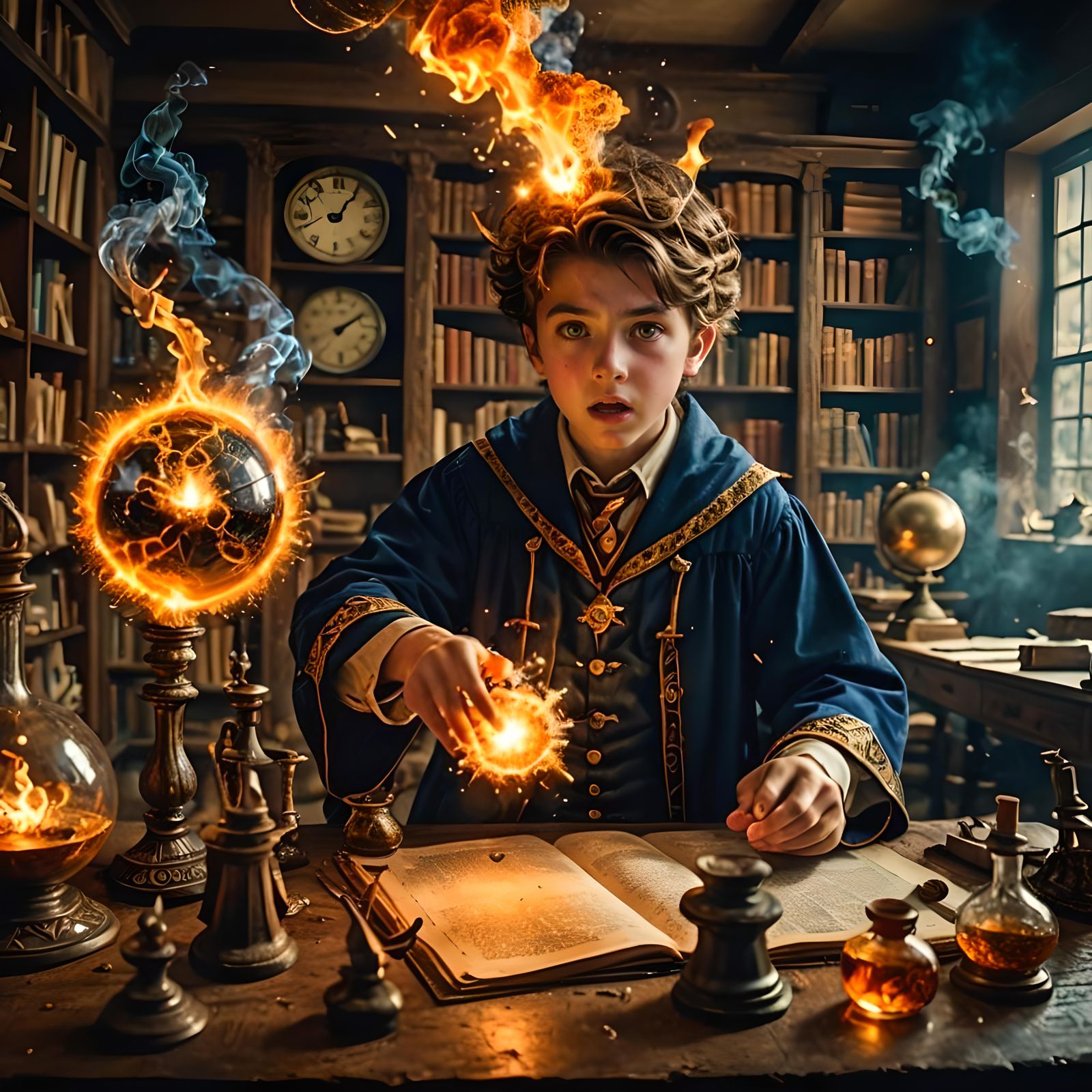 Alchemic Explosion: Hyperrealistic Wizardry Student Mishap
