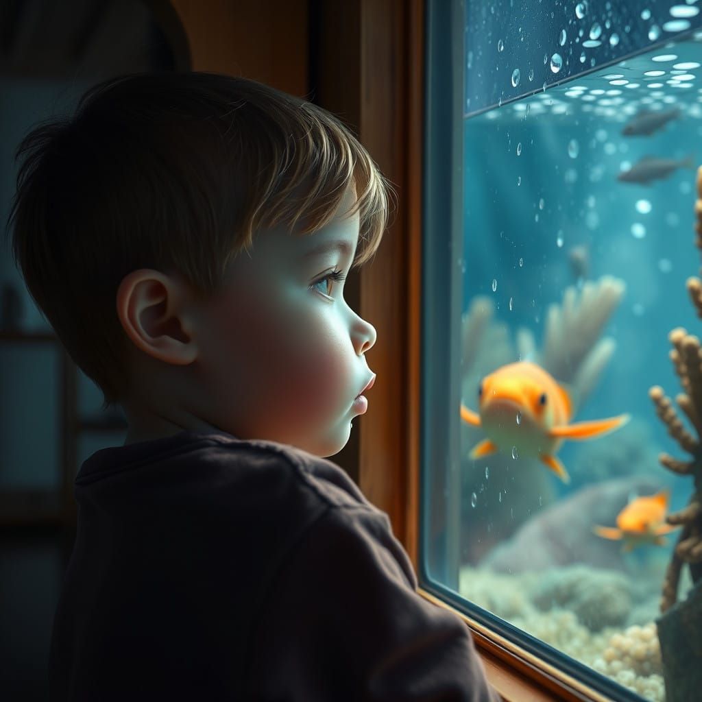 A Young Girl's Serene Moment by the Aquarium