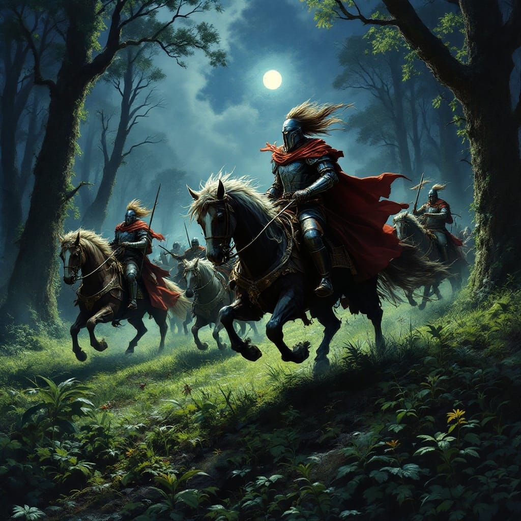 Medieval Knights Clash with Soldiers in a Dark Forest Under...