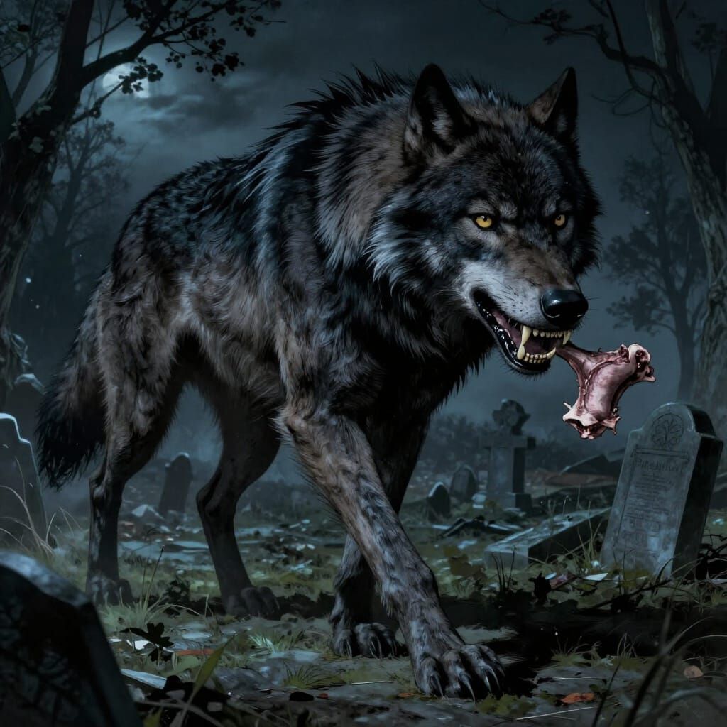 Giant Black Wolf in Graveyard as Gustave Doré Illustration