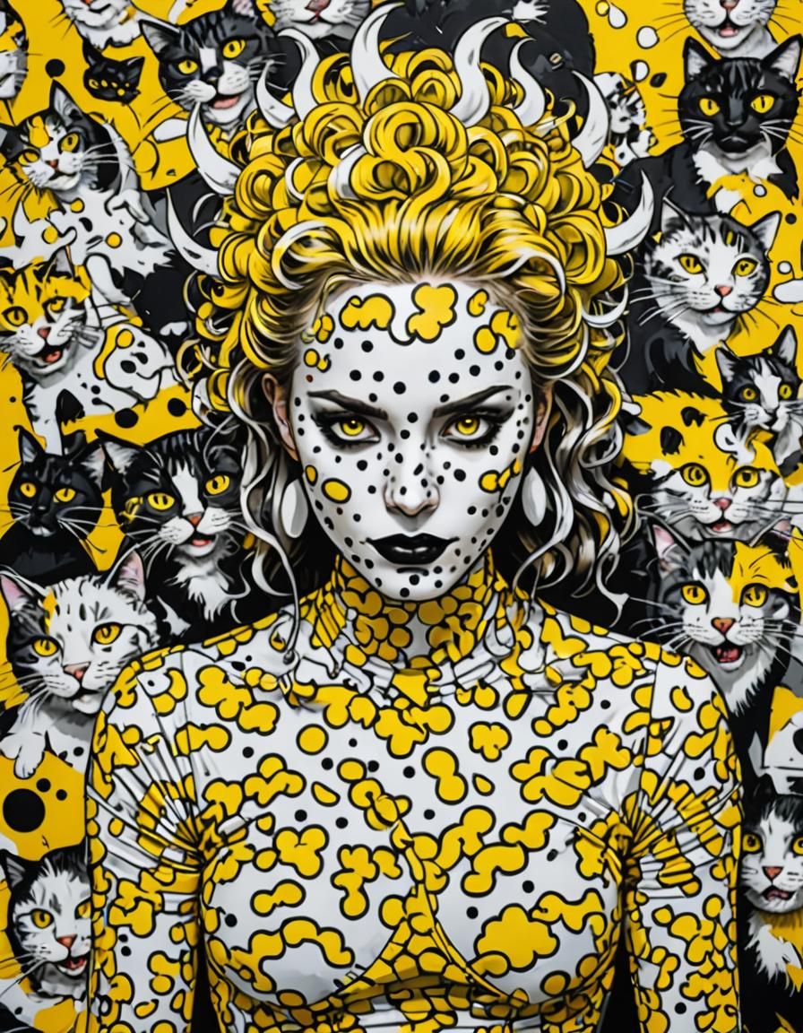 Pop Art Girl Covered in Yellow Surrounded by Cats