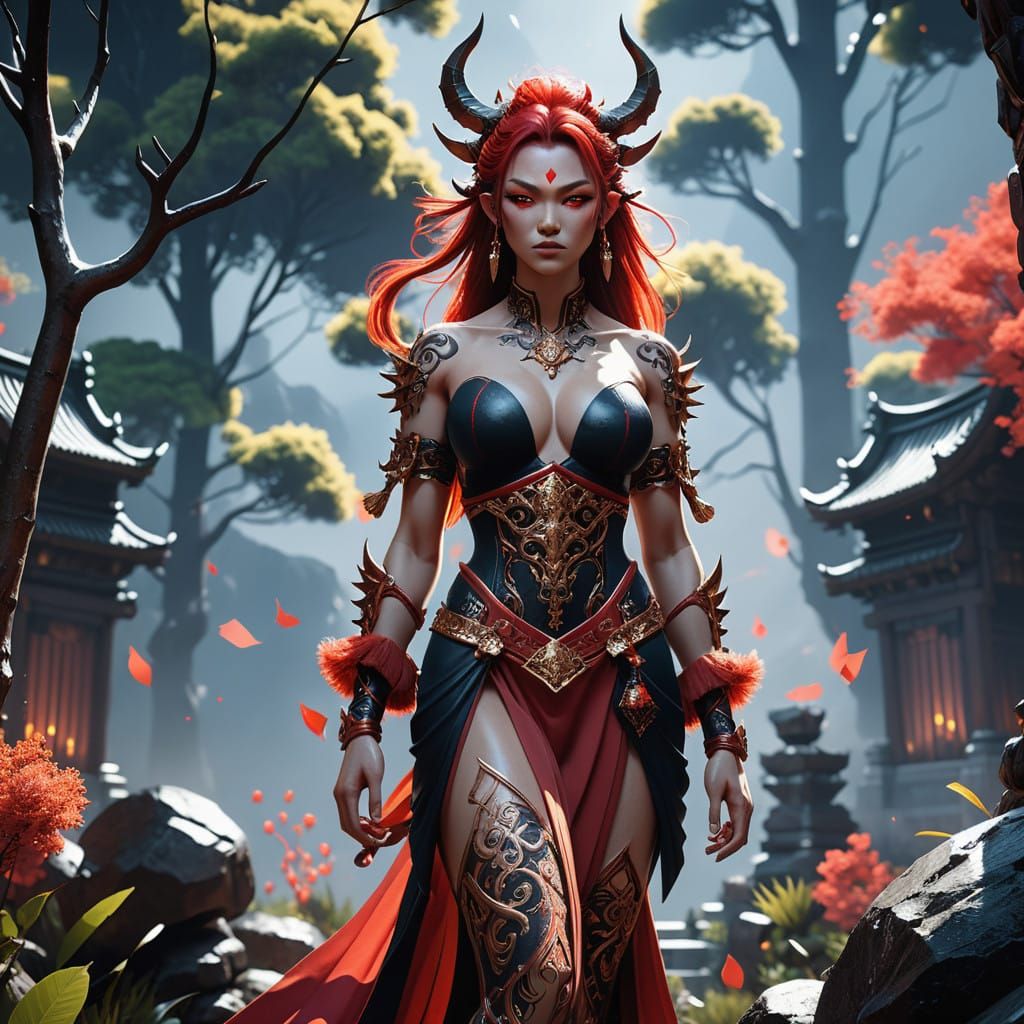 Ethereal Demon Warrior Queen in 3D Anime Style