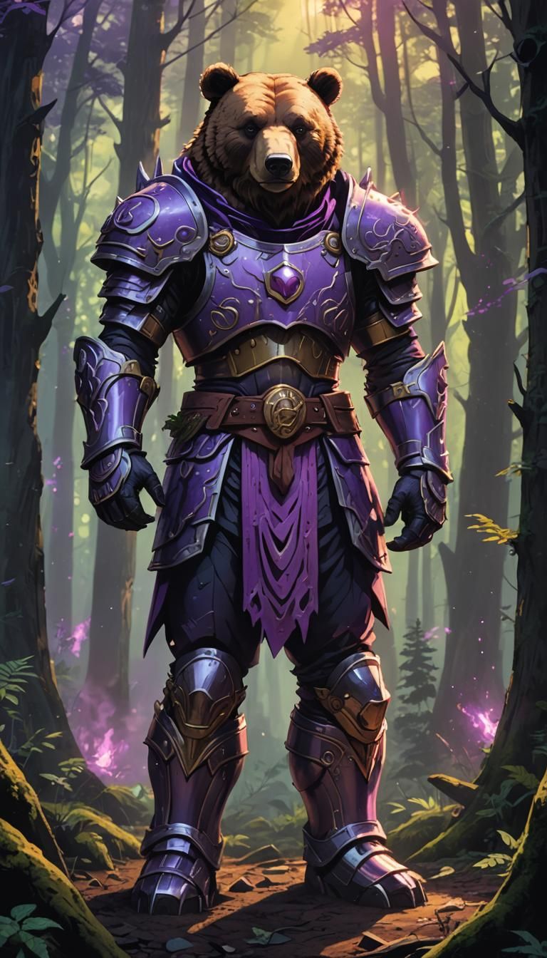 Bear Warlock in Forest, 90s Cartoon Style