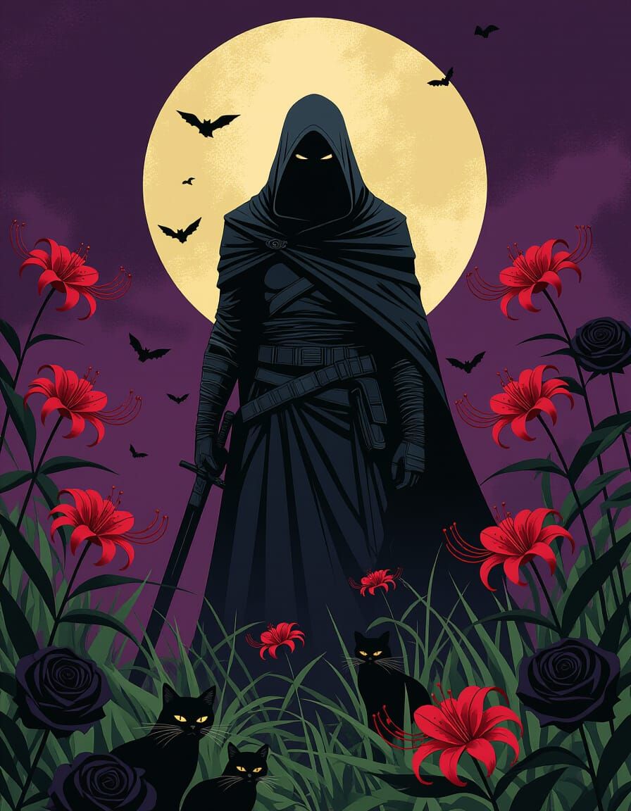 Sinister Figure in Shadowy Garden with Red Spider Lilies