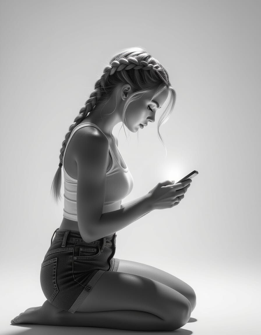 Hyperrealistic B&W Photo of Actress Kneeling with Bowed Head