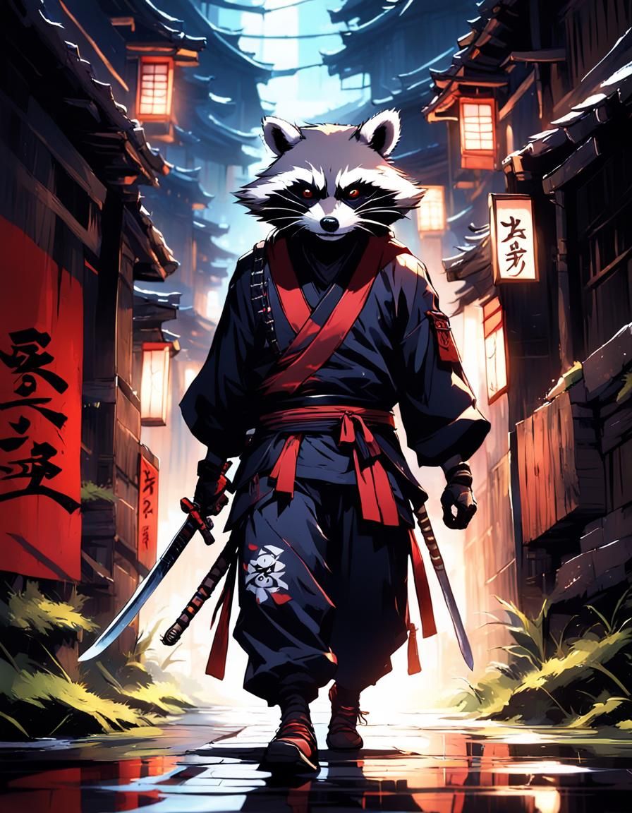 Raccoon Ninja Assassin in Dark Alley, Anime Style