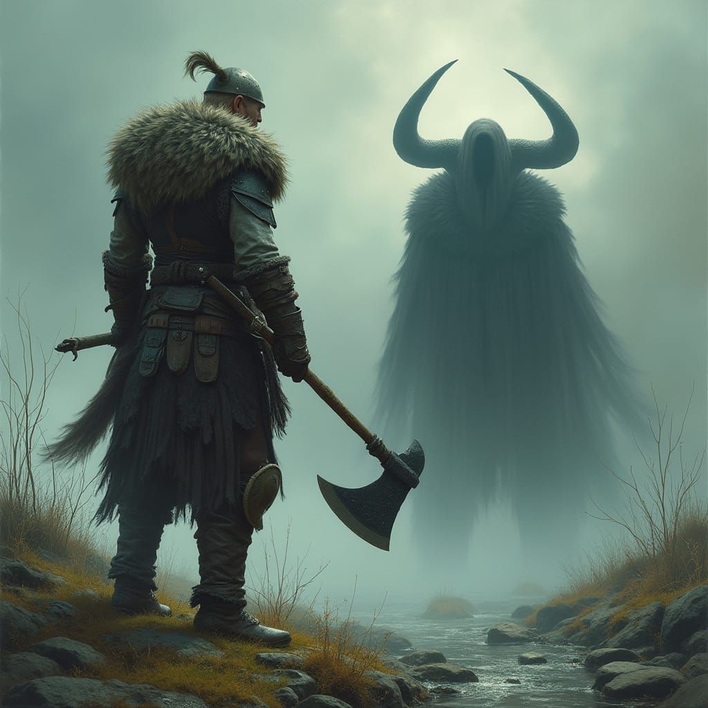 Viking Warrior Confronts Jävulen in Eerie Landscape