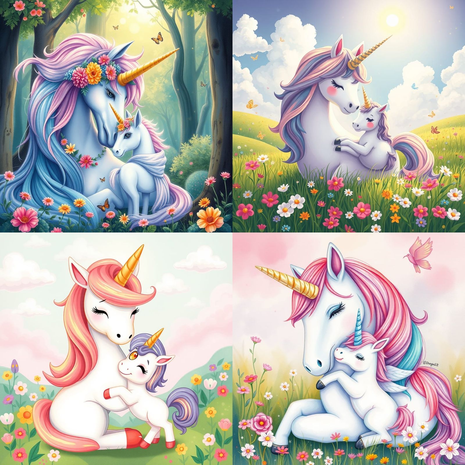 Cute Mother and Baby Unicorn Cartoon