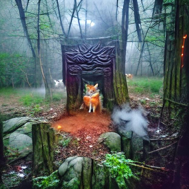 Fox Demon Guarding Ancient Portal in Foggy Woods