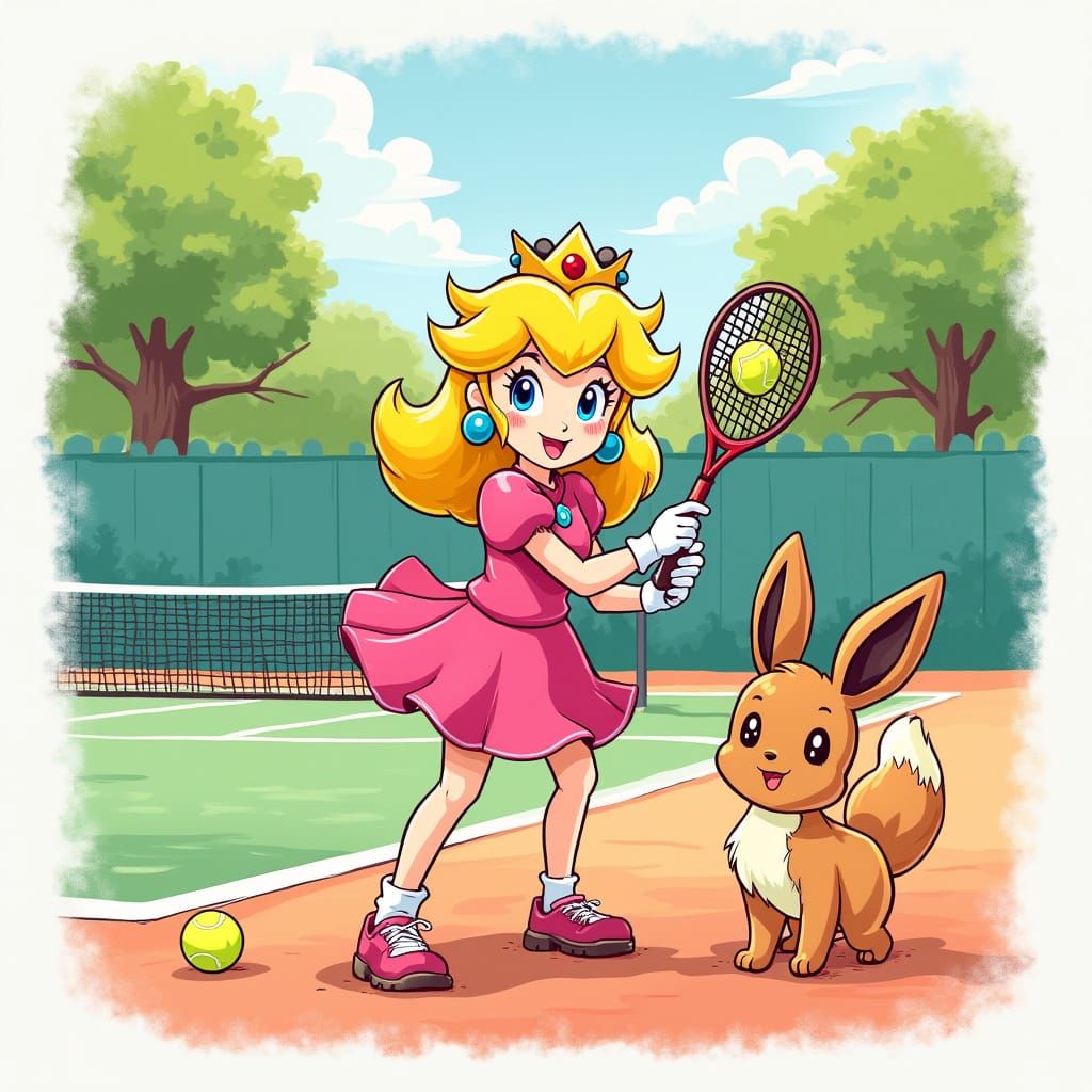 Princess Peach and Eevee in Whimsical Tennis Illustration
