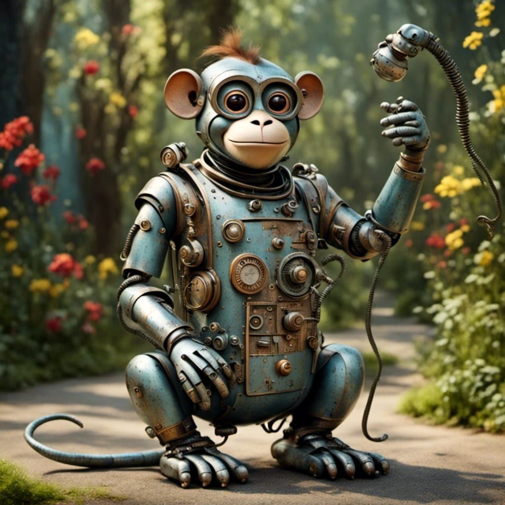 Adorable Dadaist Robot Monkey in Zoo