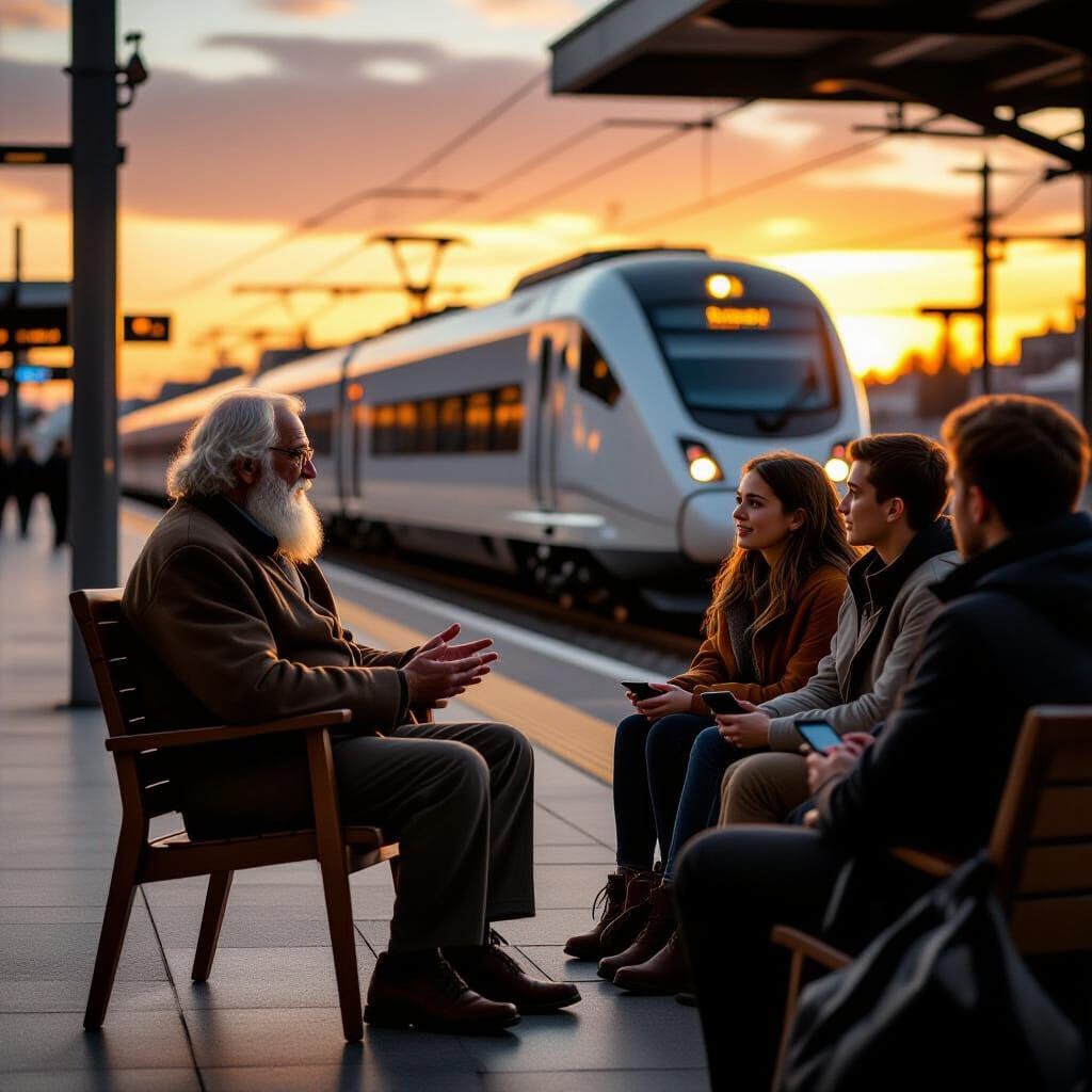 Elderly Man Shares Wisdom at Sunset Train Station