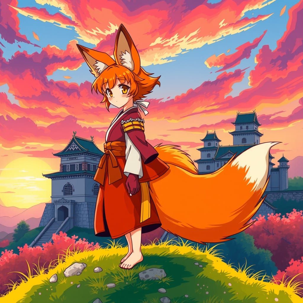 Surreal Anime Fox Girl in Elegant Hakama Overlooks Majestic...