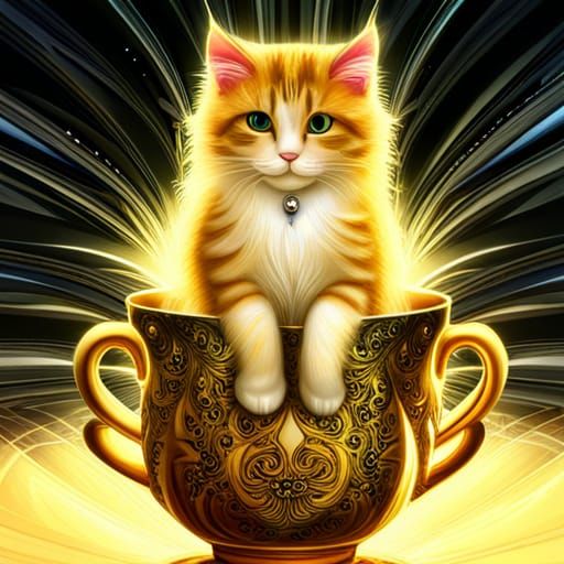 Glittering Fractal Cat in Cup, Digital Oil Painting