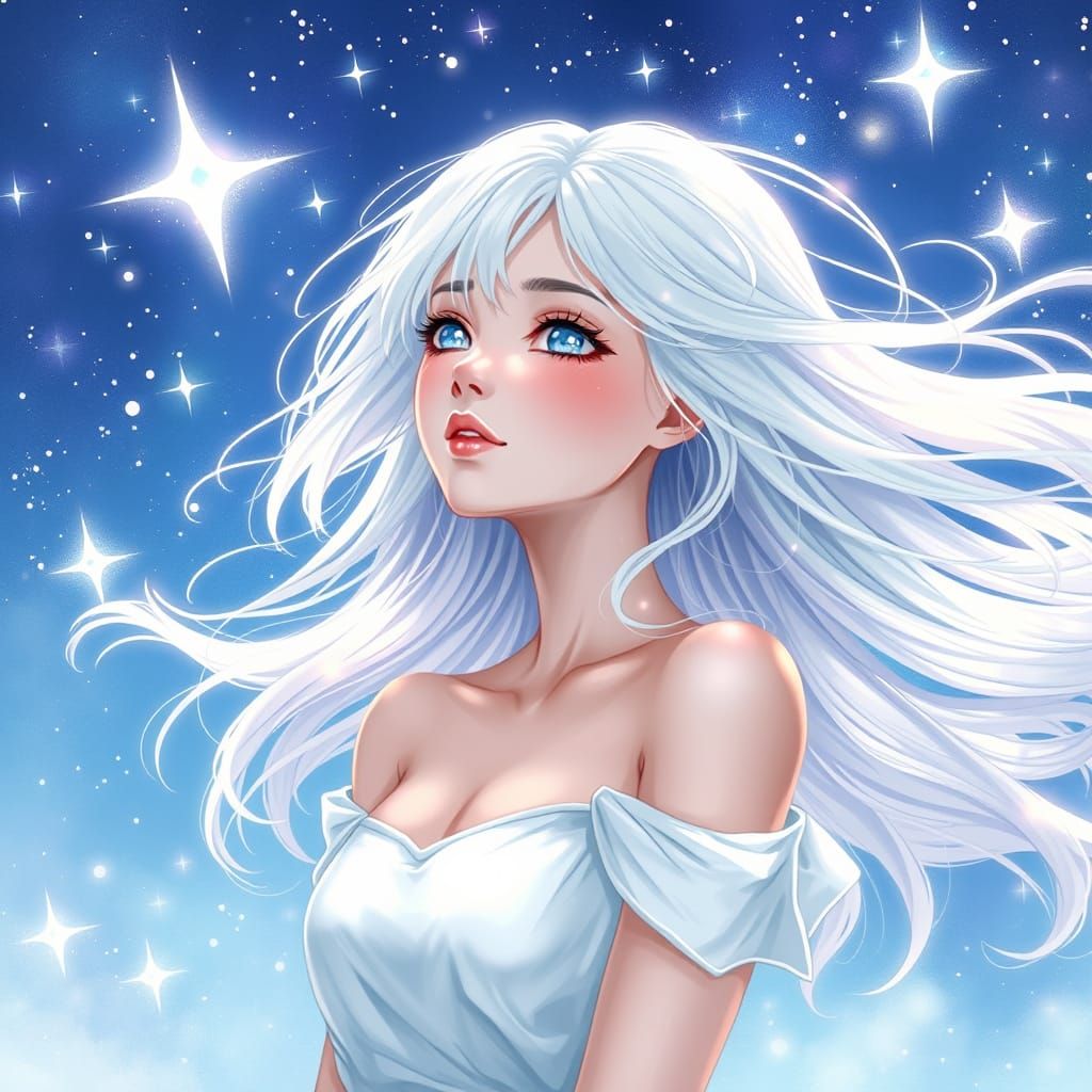 Ethereal Woman in Starry Sky: Anime-Inspired Digital Art