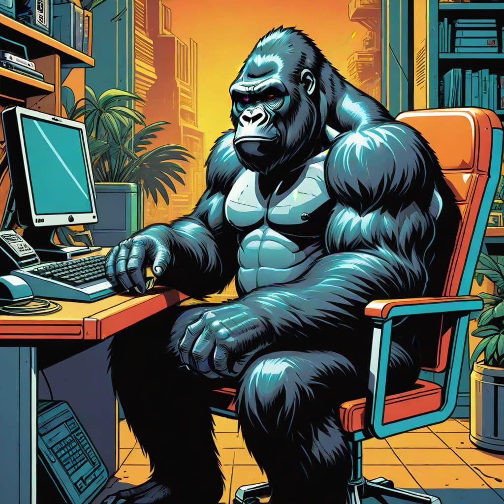 Gorilla at Computer in Retro Comic Style