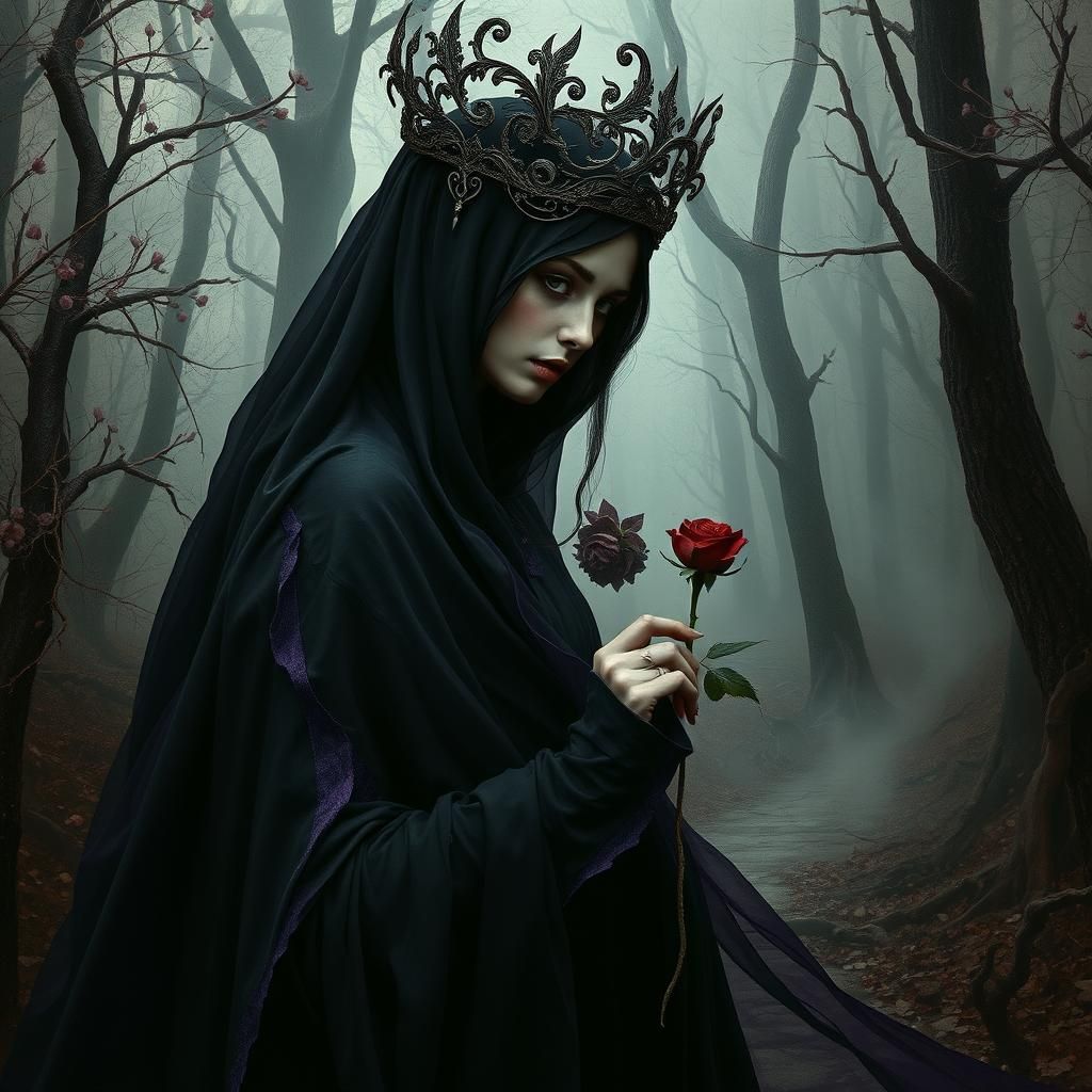 Mystical Woman in Enchanted Forest, Dark Fantasy Art