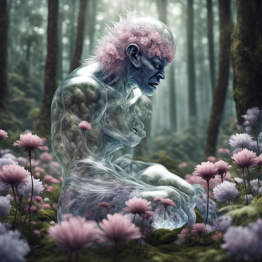Transparent Glass Creature in a Floral Forest