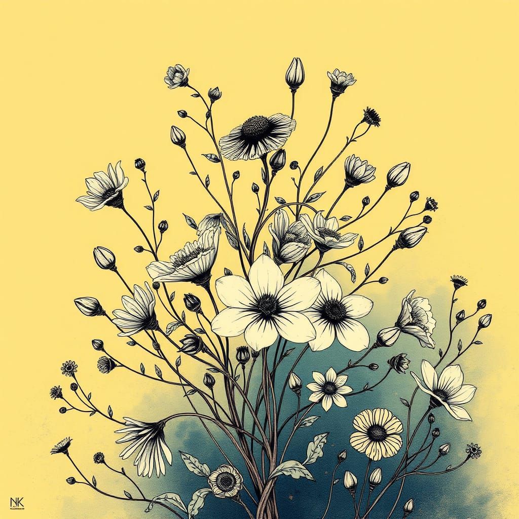 Minimalist Ink Floral Art with Fine Black Lines