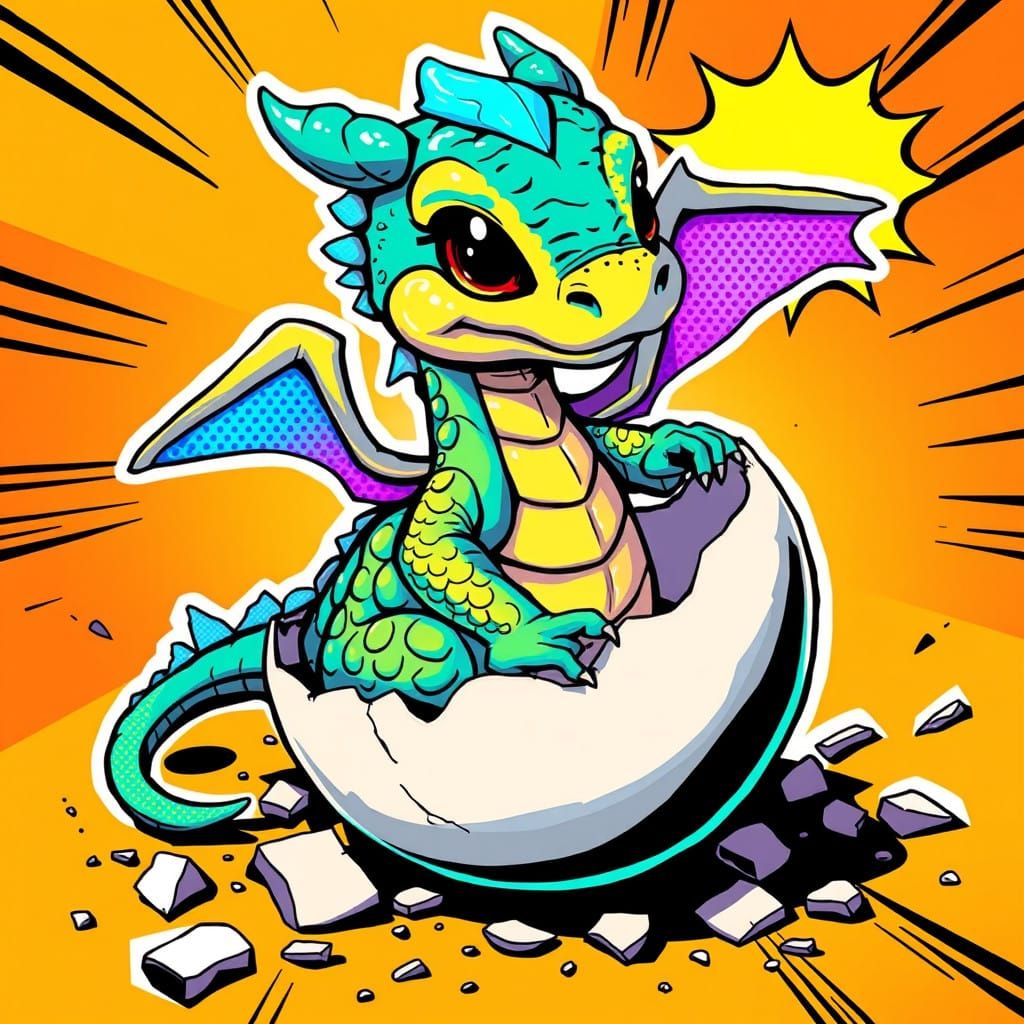 Vibrant Pop Art Baby Dragon Hatching in Comic-Book Style