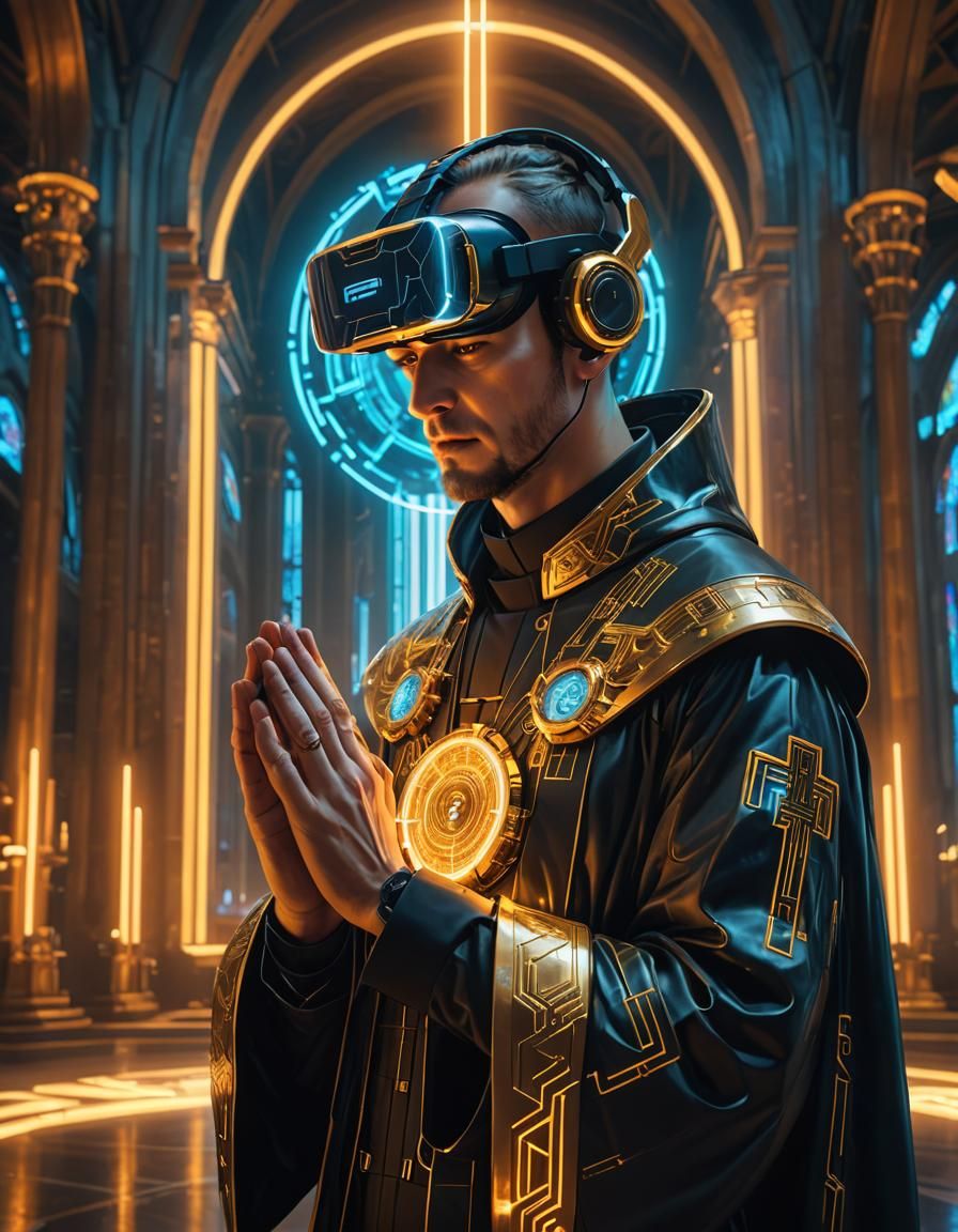 Cyberpunk Priest Praying in Virtual Cathedral