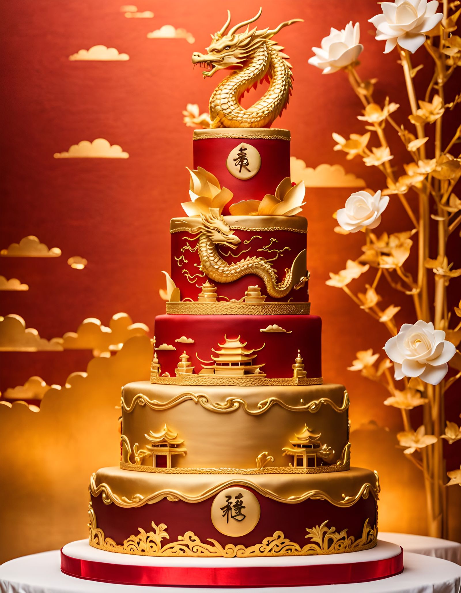 Ornate Chinese Wedding Cake with Dragon Decoration
