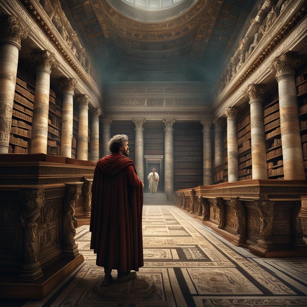 Marcus Aurelius, the Stoic philosopher-emperor, reflecting on the wisdom of past rulers and philosophers as he peruses s...