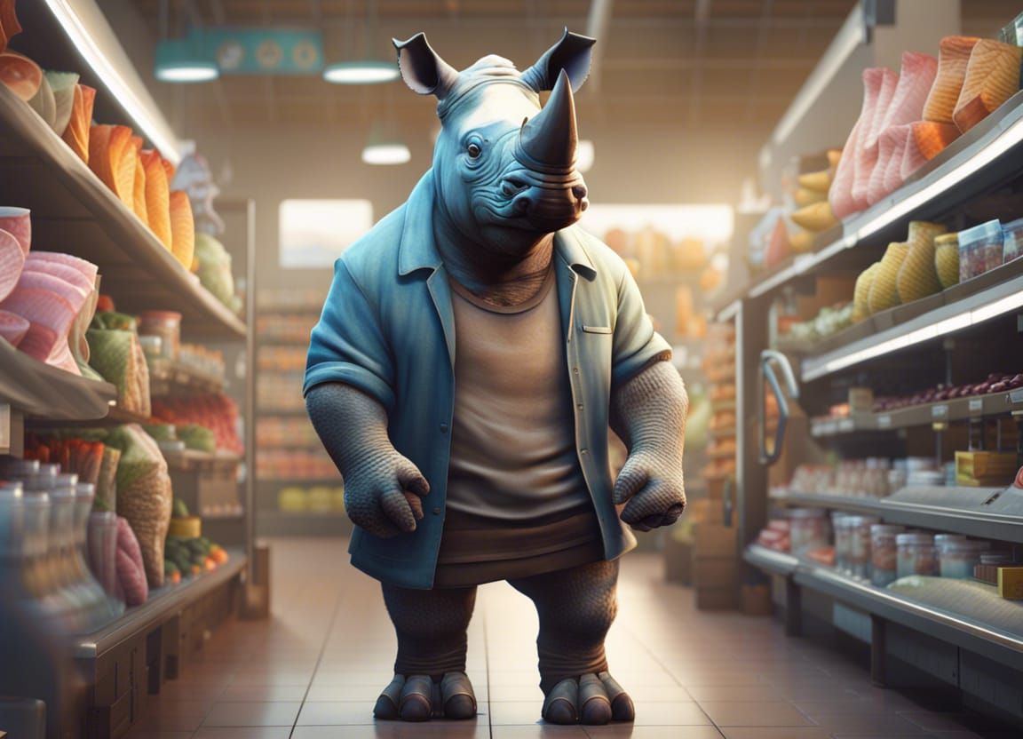Rhino Shops at Supermarket: Contemporary Fantasy Painting