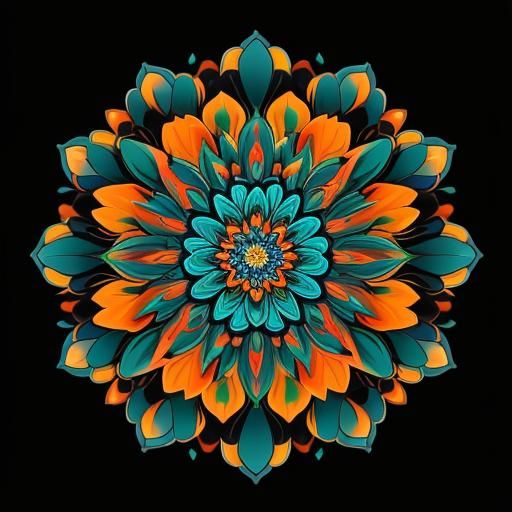 Psychedelic Mandala Flower: Digital Art in Teal and Orange