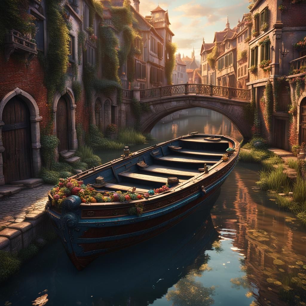 Fantastical Boat on Canal Matte Painting