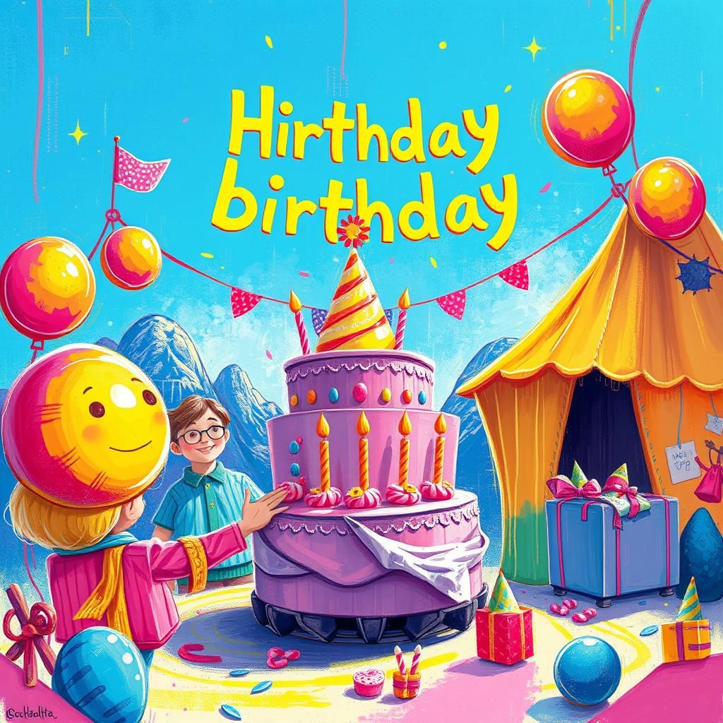 Whimsical Birthday Celebration in Colorful Pencil Style