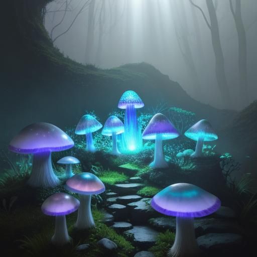 Glowing Mushrooms in Mystical Mountain Cave