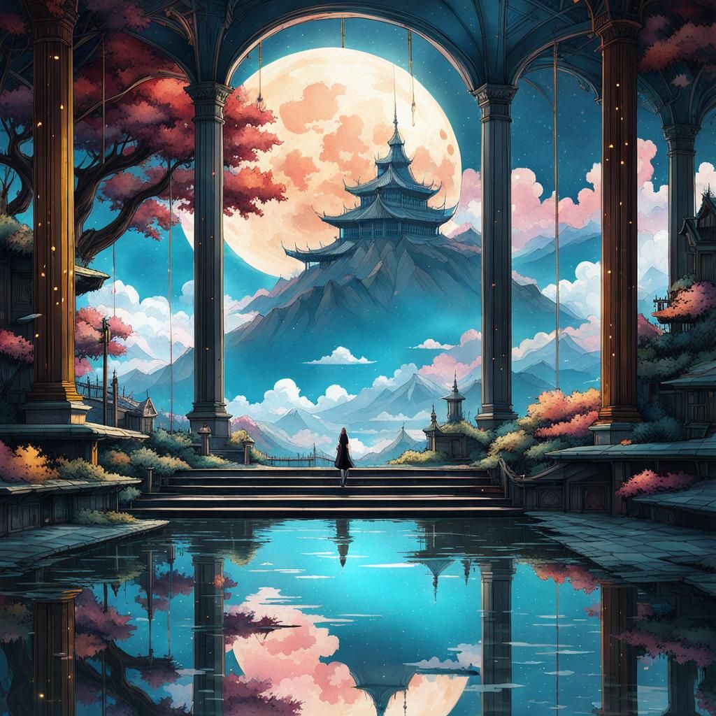 Anime Temple Landscape with Sun and Moon